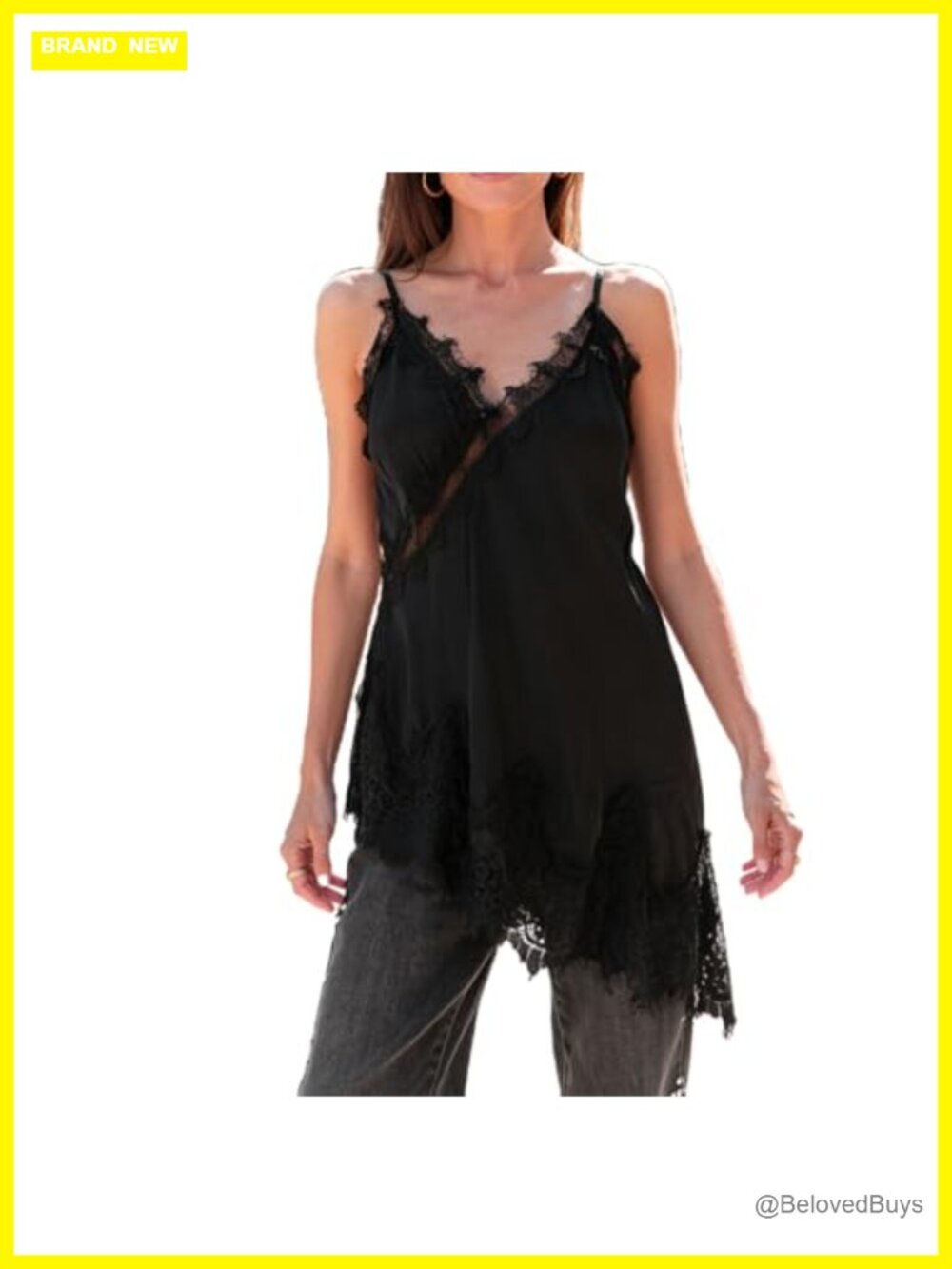 Satin Lace Trim Long Camisole Spaghetti Strap Backless Slip Dress Layering Top